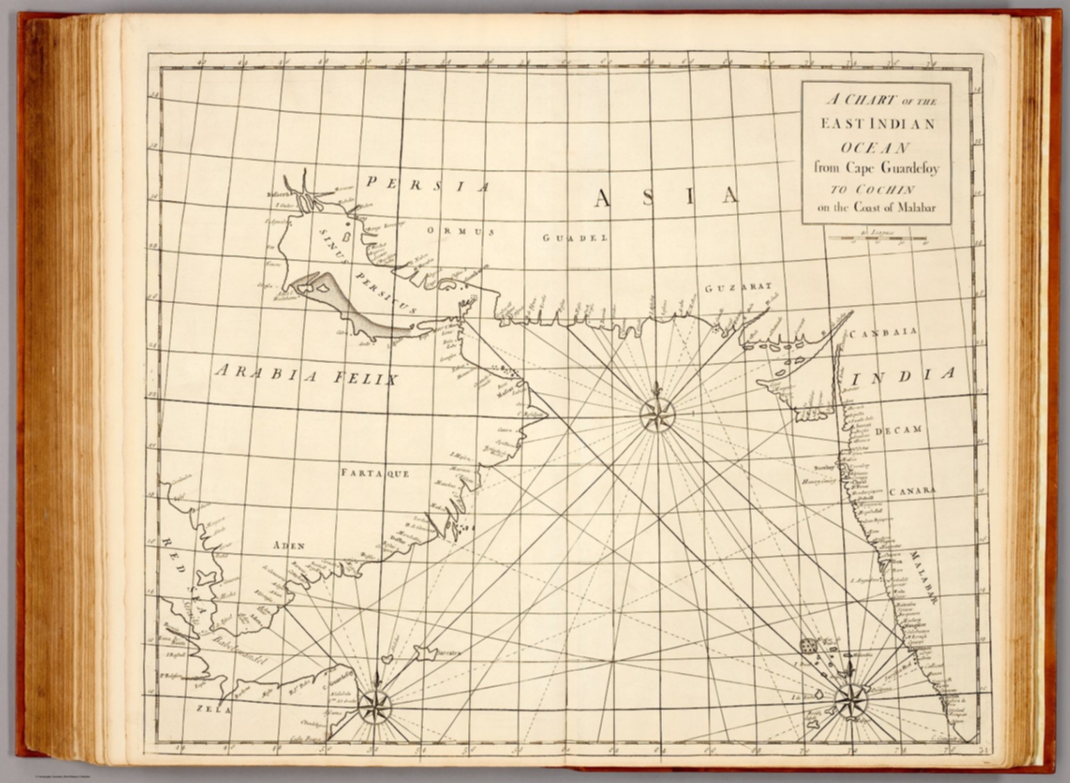 A chart of the East Indian Ocean from Cape Guardefoy to Cochin on the coast of Malabar.