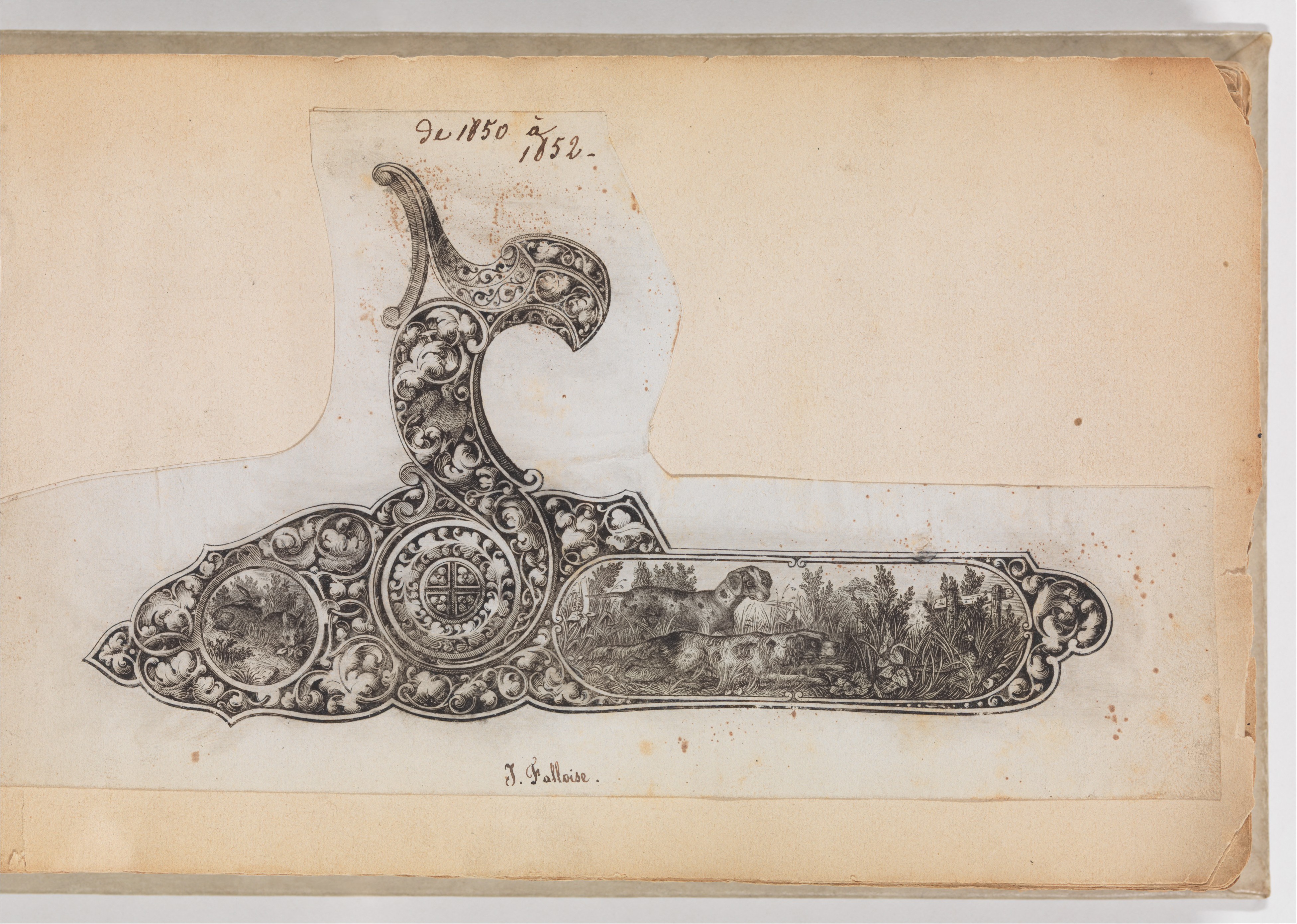 Album of Firearms Ornament Containing Approximately Five Hundred and Forty Inked Impressions of Engraved Firearms Locks and Mounts, and Forty-Two Original Pen and Ink Designs on Forty Double-Sided Lea