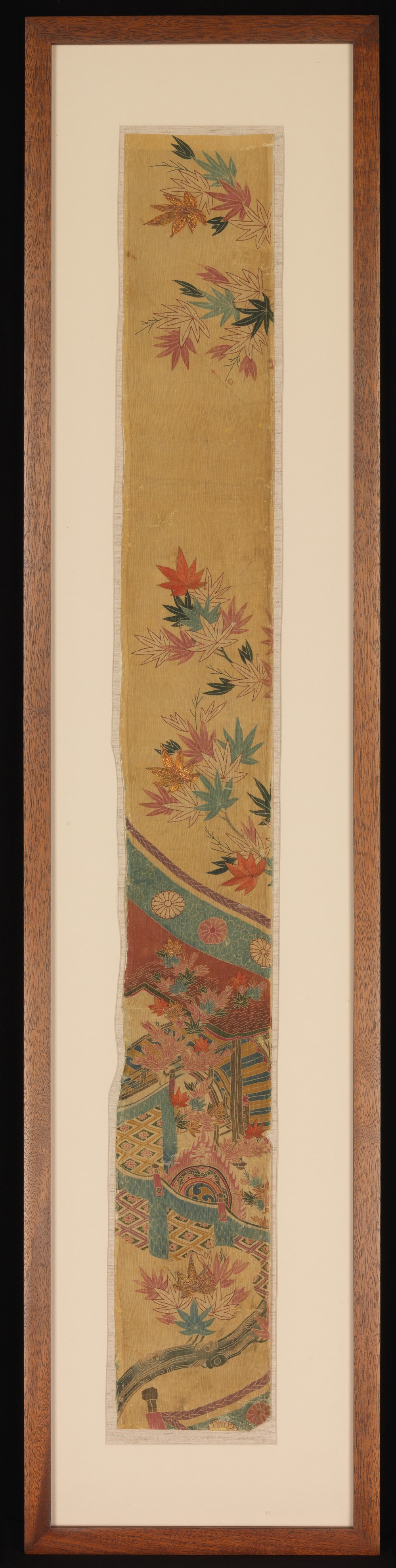 Piece from a Robe (Kosode) with Maple Leaves, Curtain, and Large Drum