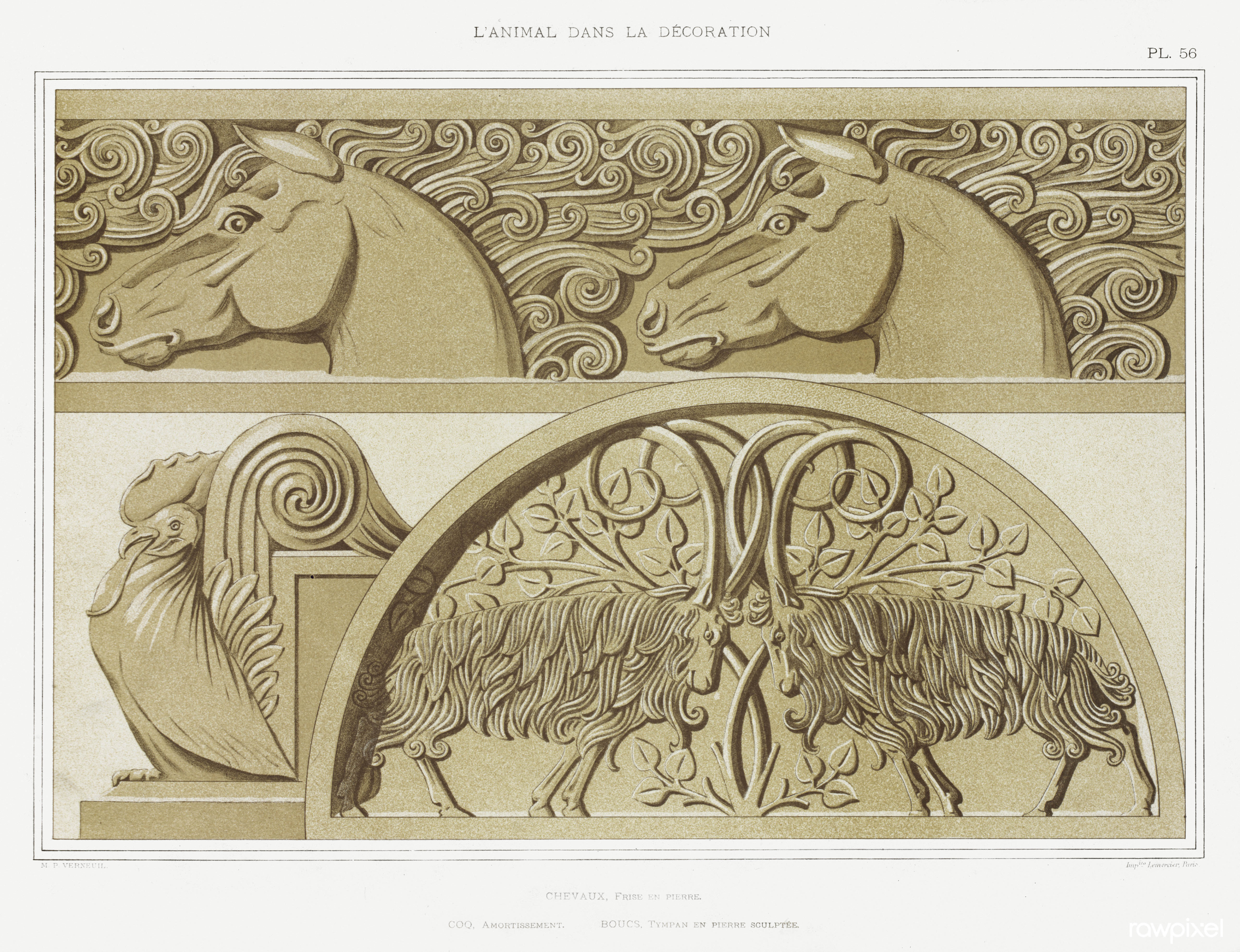 Chevaux frise en pierre coq amortissement boucs tympan en pierre sculpte - L'animal dans la decoration (1897) by M. P. Verneuil (New York Public Library, enhanced by Rawpixel) 506'789661 o
