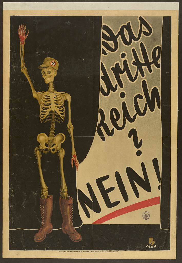 Das dritte Reich? Nein! (The Third Reich? No!) Rx Mar Political Anti-Nazi poster Germany Reichspräsidentenwahl 1932 SPD Skeleton Swastika cap Hitler salute Library of Congress Public domain
