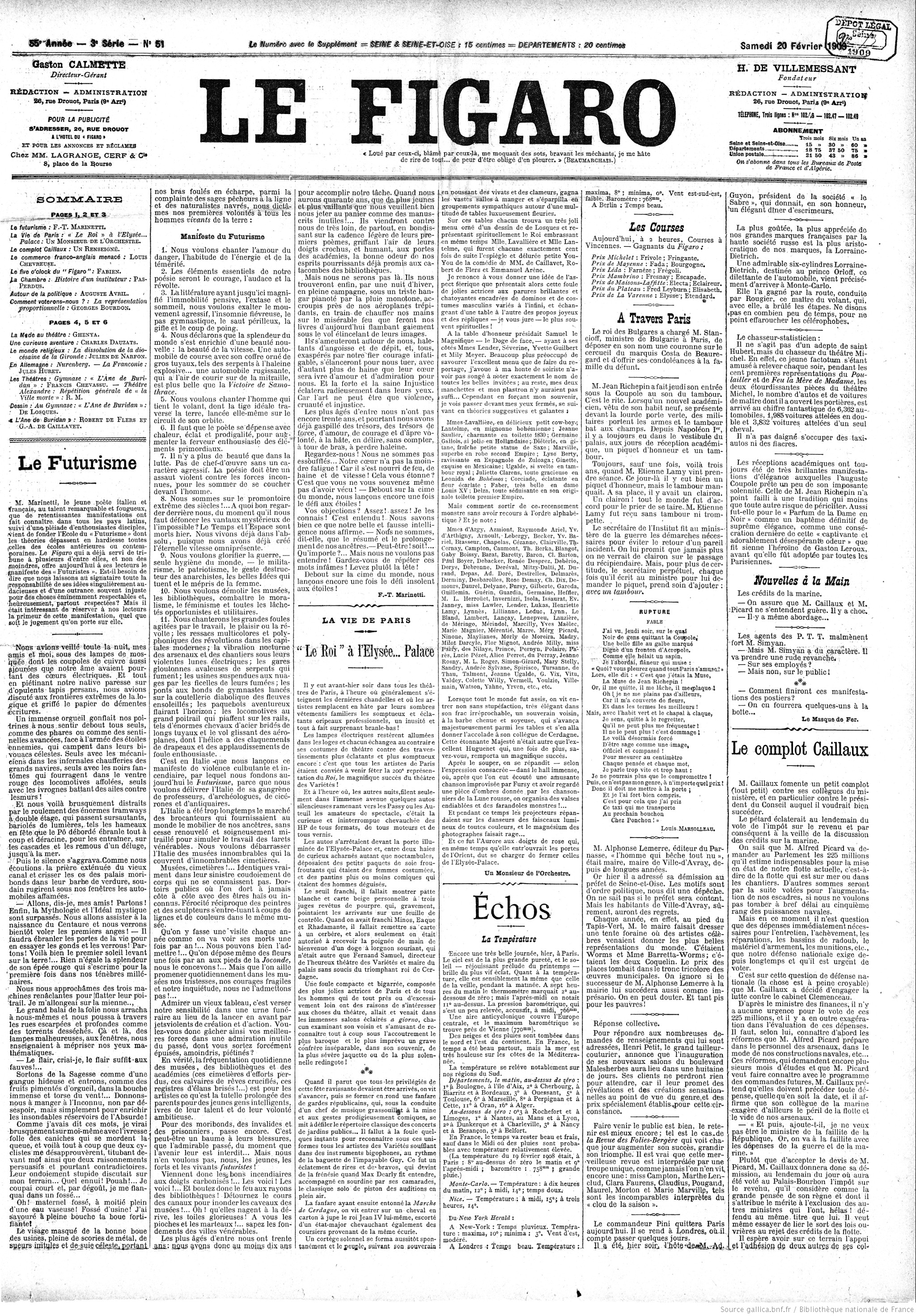 Le Figaro 20 de febrero de 1909 Fururismo