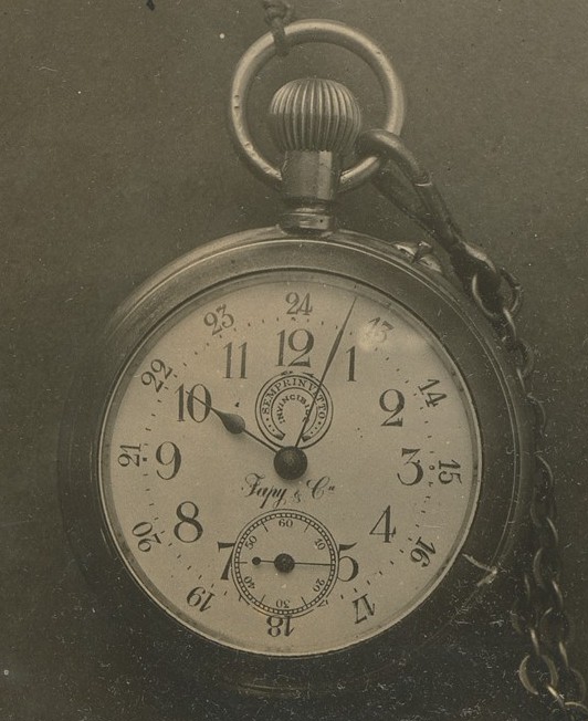 Pocket watch detail, from- Album of Paris Crime Scenes - Attributed to Alphonse Bertillon. DP263814 (cropped)