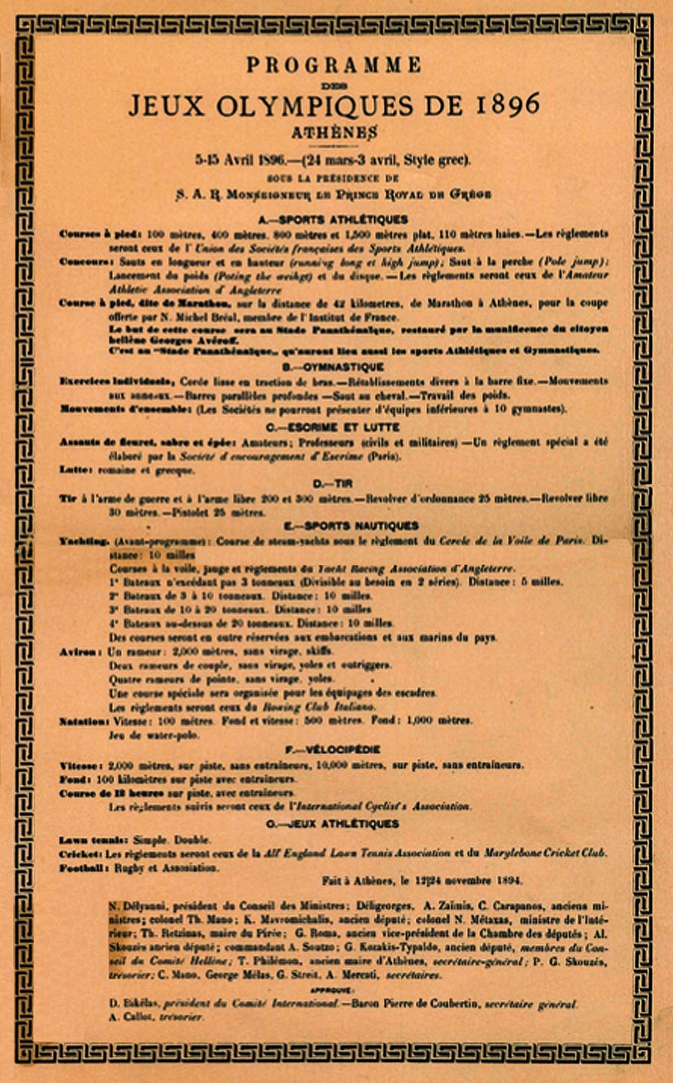 Programme des Jeux Olimpiques de 1896