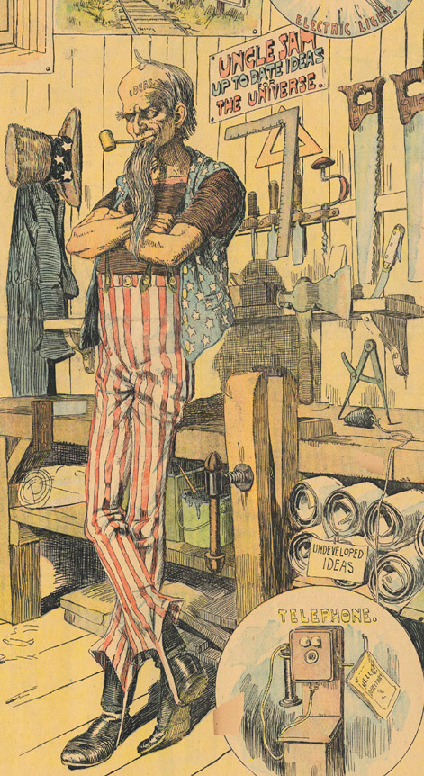 Uncle Sam in 1898 with "IDEAS" on his forehead and "UNCLE SAM UP TO DATE IDEAS FOR THE UNIVERSE" sign, also "TELEPHONE" "UNDEVELOPED IDEAS" from- Now Let Some of the Other Fellows Invent Something- Ne